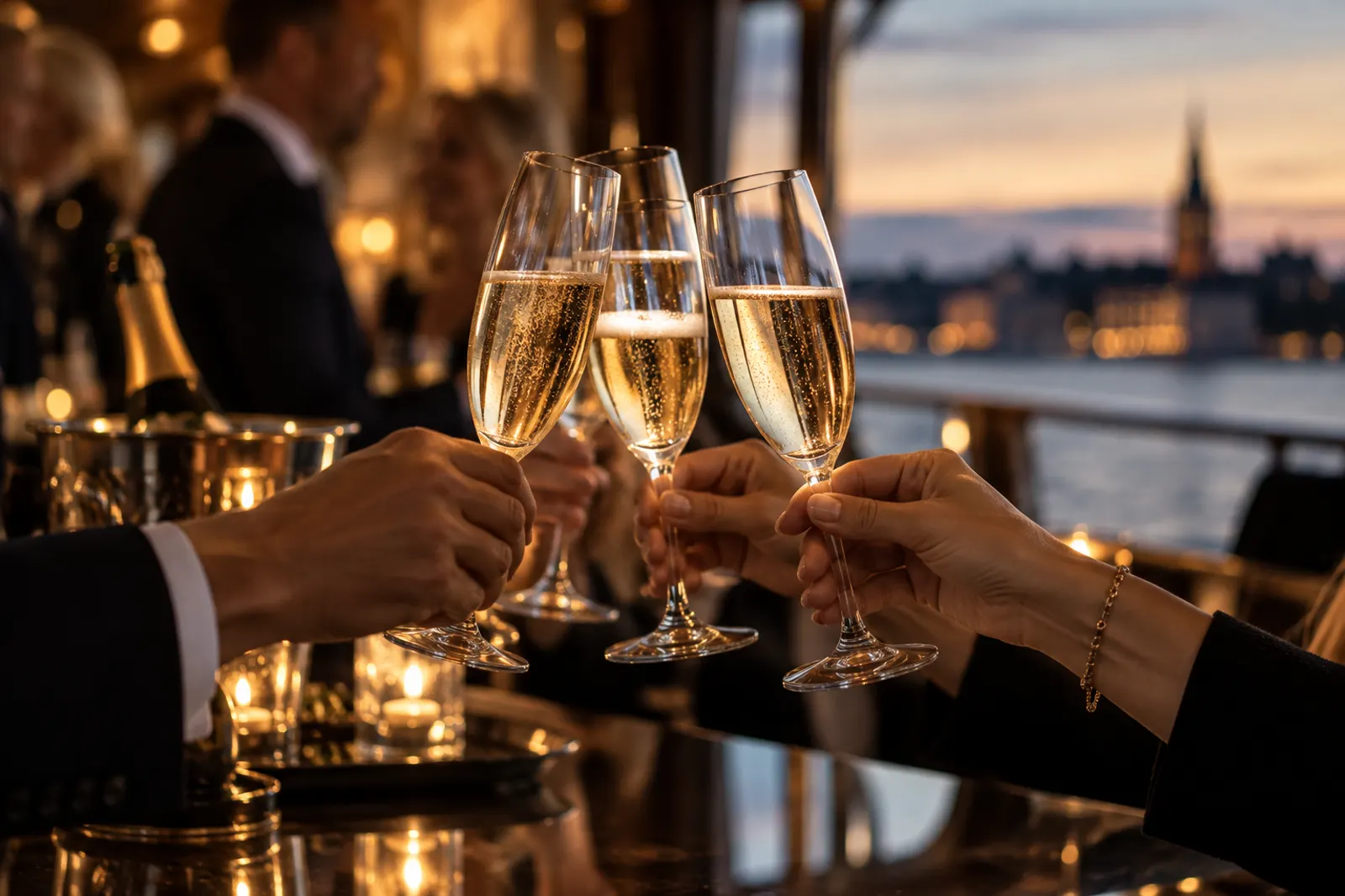 Gäster skålar i champagne ombord på Mercorion i Stockholm
